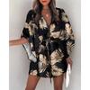 Vestito Corto da Donna con Stampa Foglie Tropicali Maniche Corte a Pipistrello Scollo a V Vita con Coulisse Casual da Vacanza Mini Abito