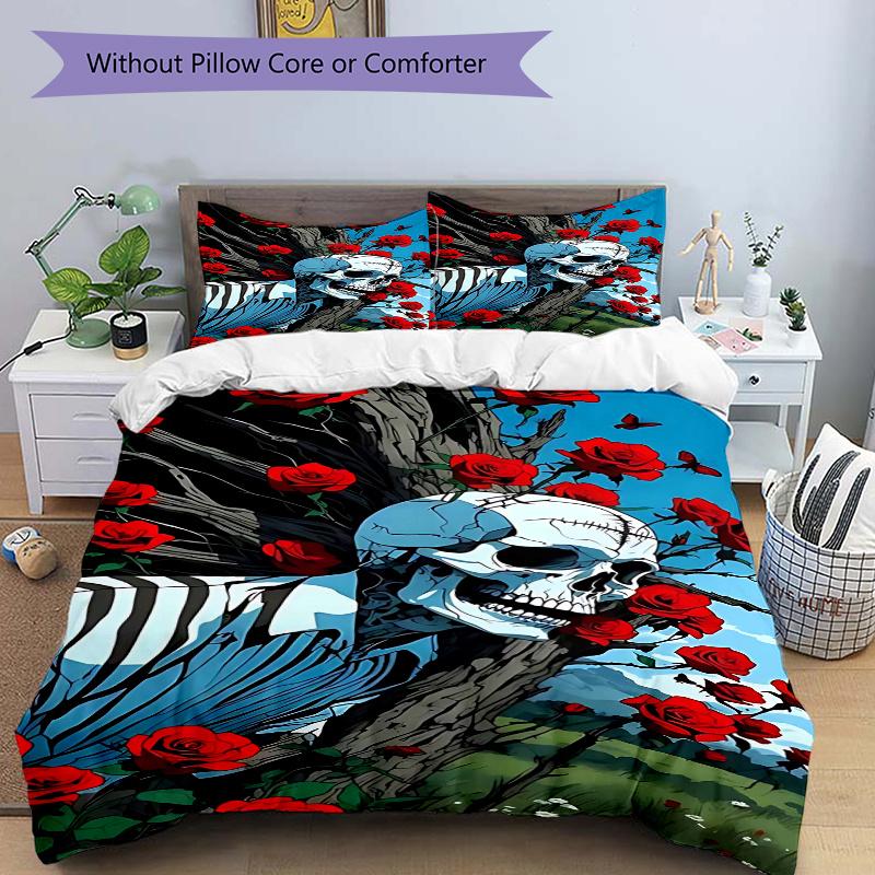 

3pcs Skull Roses Anime Cartoon Design Comforter Set with One Quilt Cover and Two Pillowcases (No Core) - Home Decor, Holiday Gift, Polyester Fabric, S 135x200cm