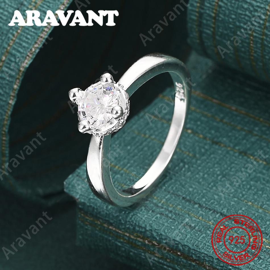 Silver, Four-Prong Round Zircon Ring (7-10#), Delicate And Elegant Design, Perfect For Women'S Engagement Jewelry