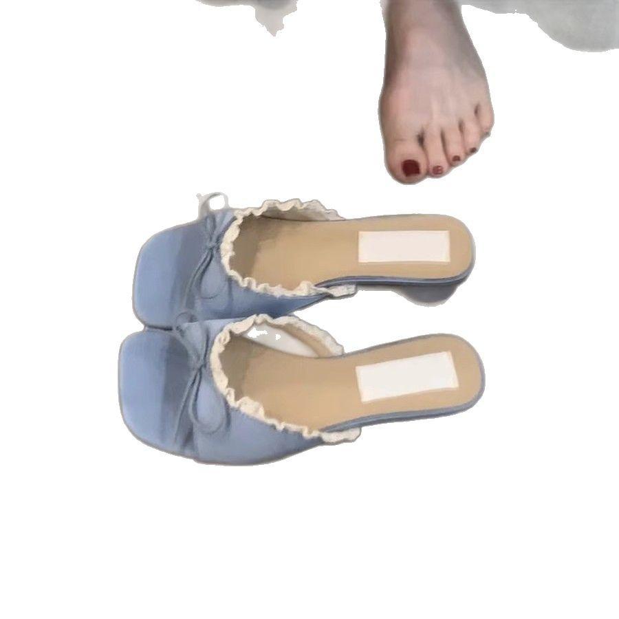 Gentle Fairy Cool Slippers 2025 Summer French Sweet Elegant Lace Bow Silk Open-toed Sandals