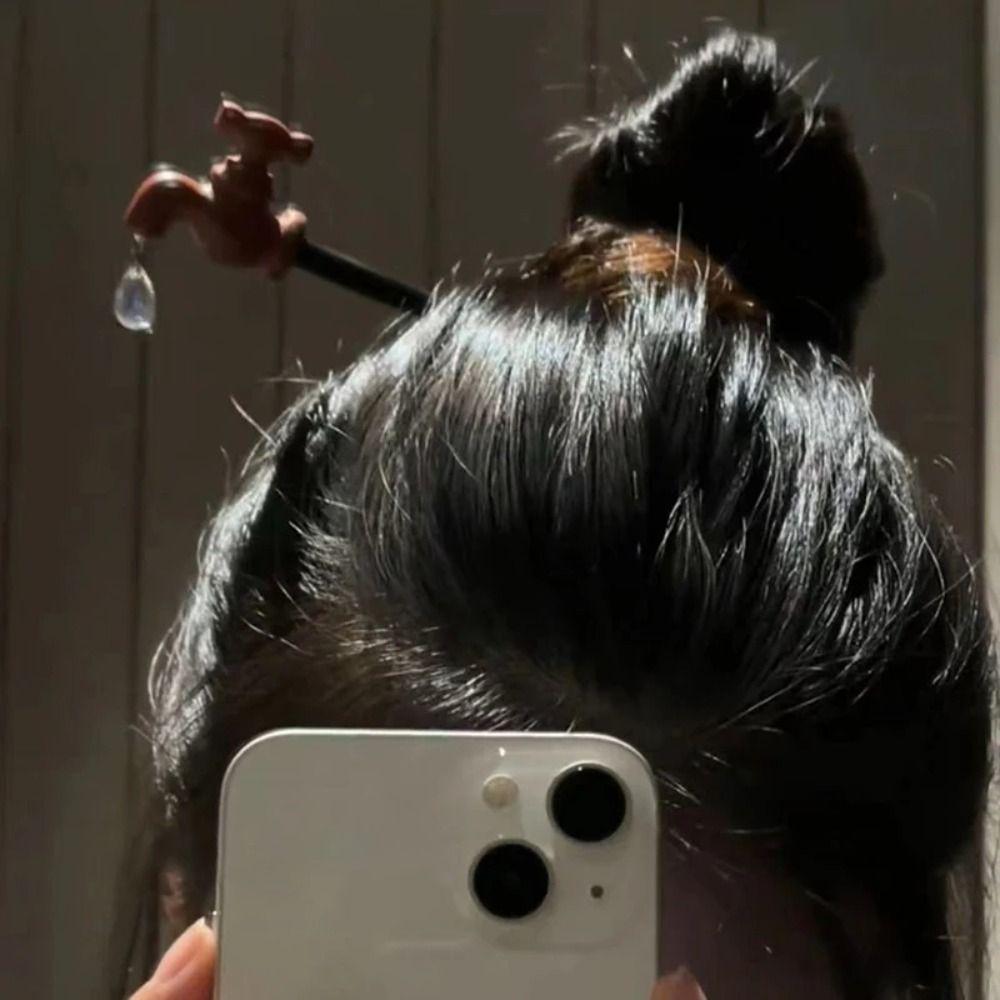 Korean Style Wood Faucet Shape Hair Stick Water Drop Creative Hairpin  Hanfu Headwear