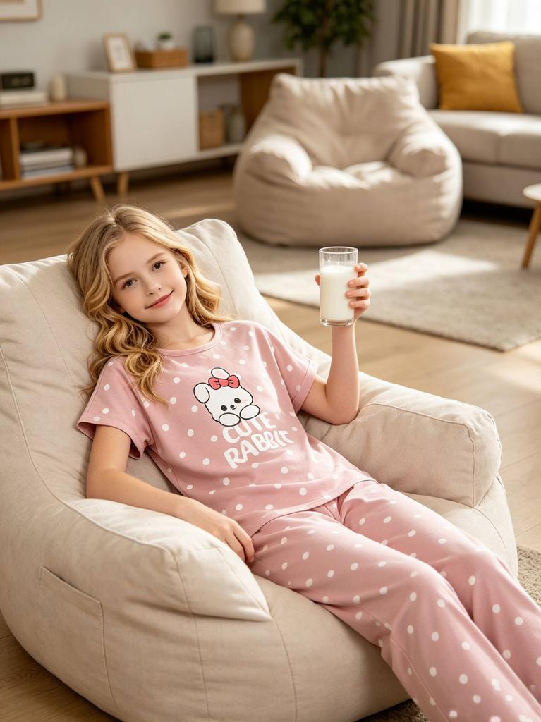 Girls Pajama Set, Cute Rabbit & Polka Dot Short Sleeve Top & Long Pants, Soft Sleepwear for 8-12 Years