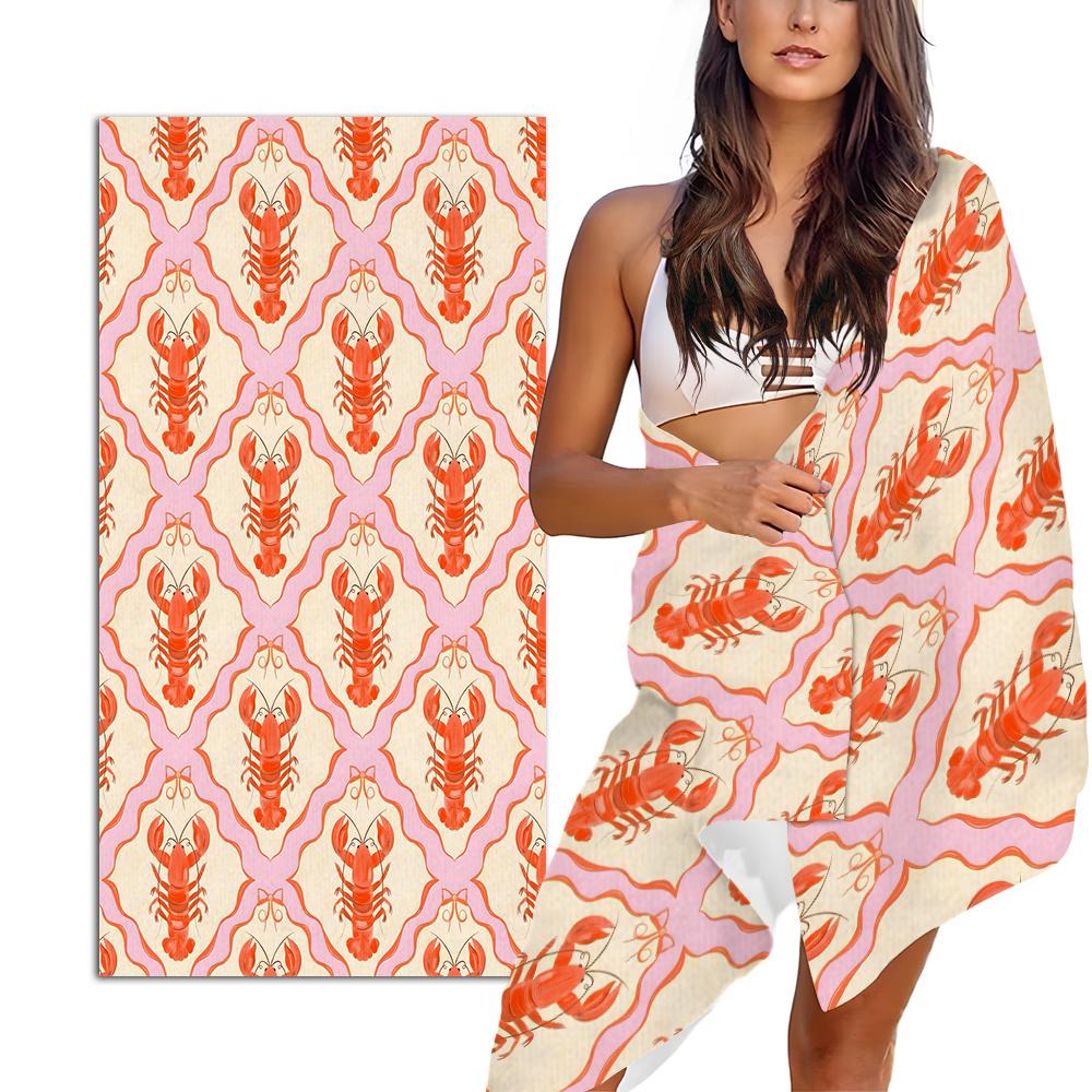 Cute Cartoon Lobster Print Beach Towel, Fun Seafood Art Quick-Dry Sand-Free Microfiber Bath Towel for Swimming, Gym and Travel