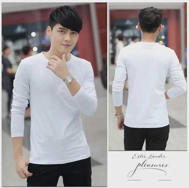 Men's Korean Style V-neck Two-Button Long-Sleeve Slim-Fit Cotton T-Shirt