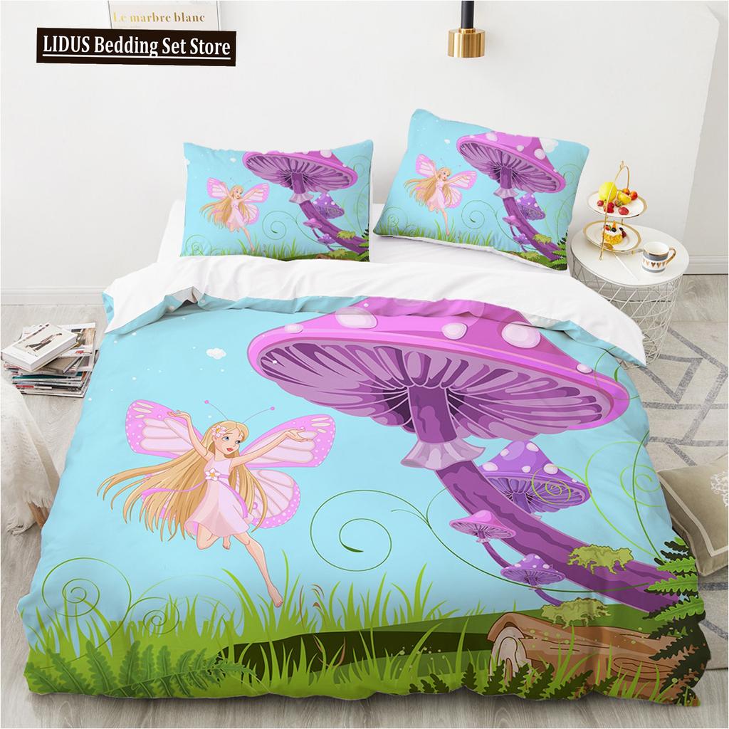 Mushroom Duvet Cover Set King Queen Size Star Purple Blue Trippy Mushroom Pattern Cartoon Polyester Bedding Set For Kid Boy Girl