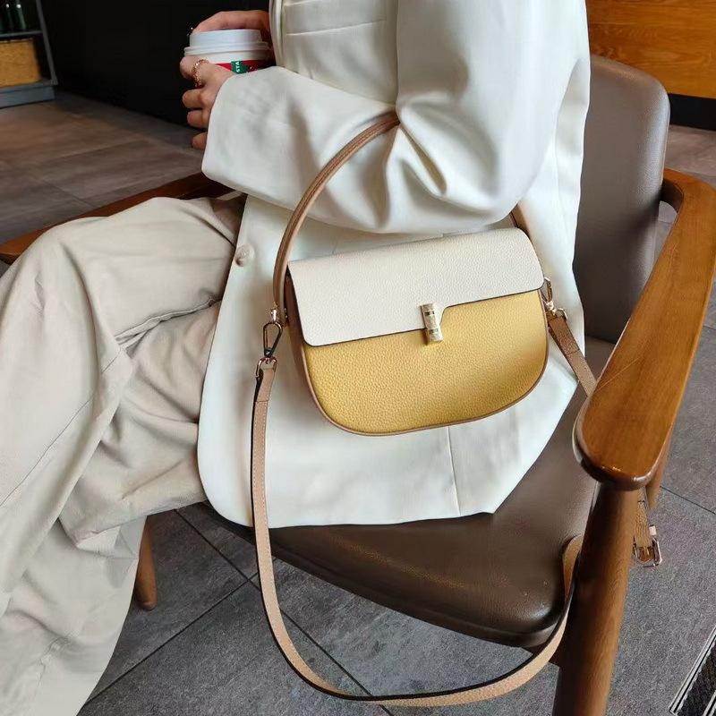 New genuine leather women's bag, top-grain cowhide color-block saddle bag, textured, versatile, niche, single-shoulder, crossbody, underarm bag