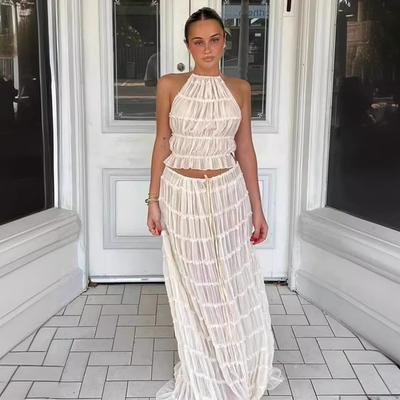 Estilo Europeu e Americano Sexy Sem Costas Estilo Gola Pendurada Conjunto de Vestido Longo de Renda Plissada