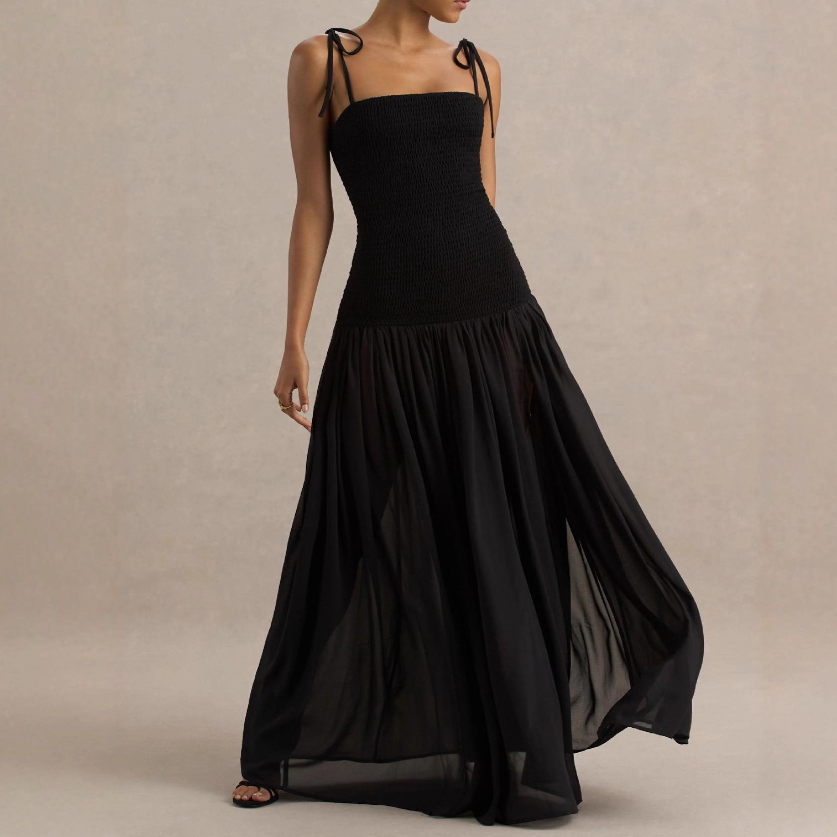 2026 Spring Women s Sleeveless Pleated Mesh Dress with Spaghetti Straps Medium чёрный