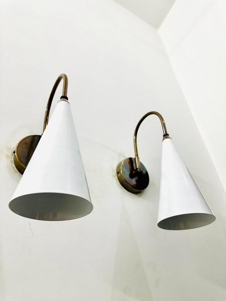 Brass Wall Sconce: Mid Century White Cone Lamp, Adjustable Diabolo Light