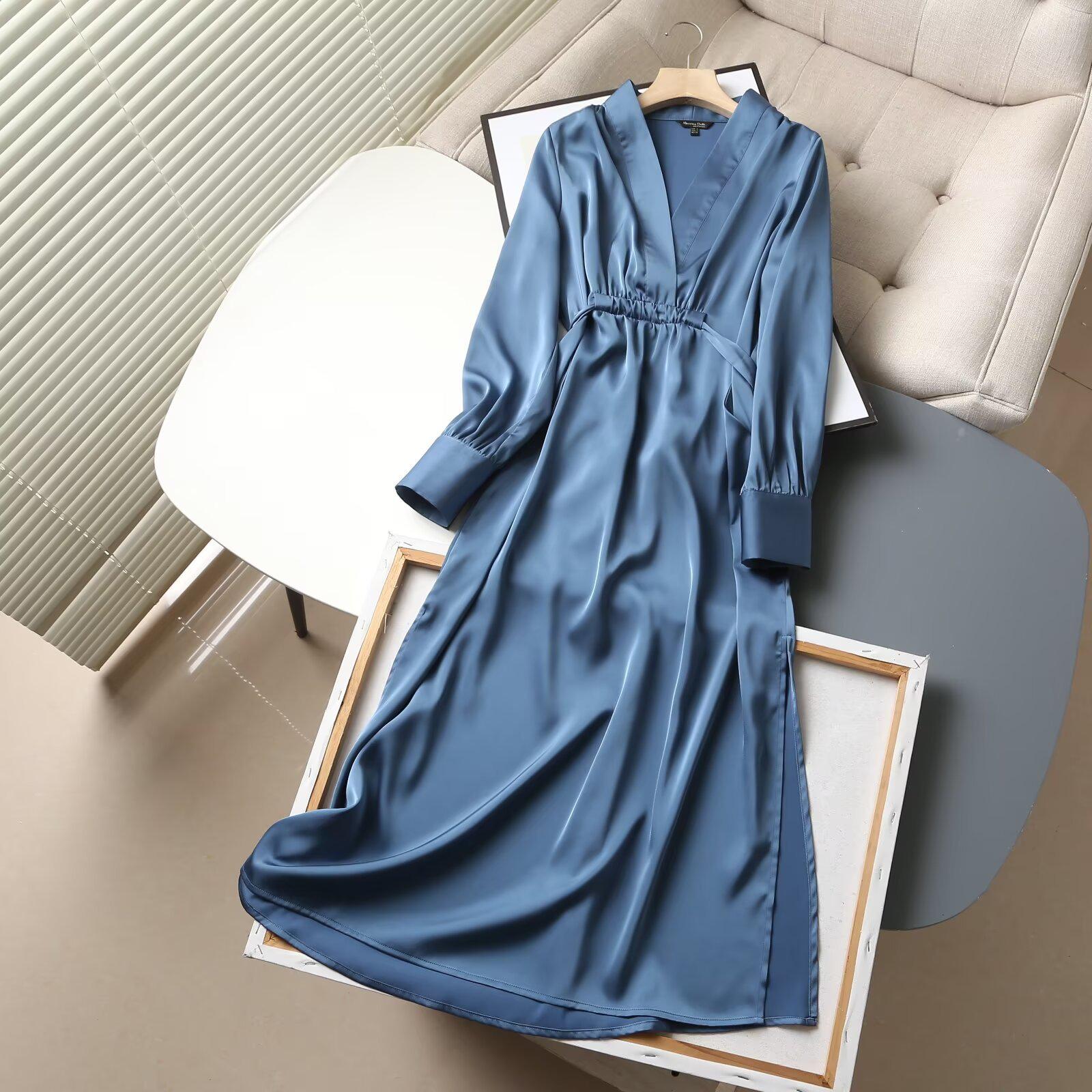 

Spring 2025 V-Neck Belted Long-Sleeve Flowy Dress - Women s Fashion. M