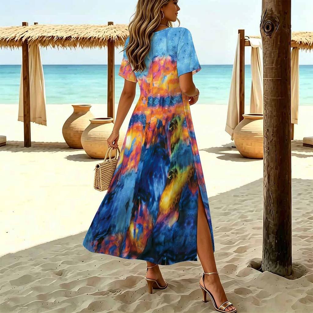 Women Fashion Round Neck Tie-dye Pattern Printed Short Sleeve Side Slit Dress Casual Vacation Dress Long Loose Dress