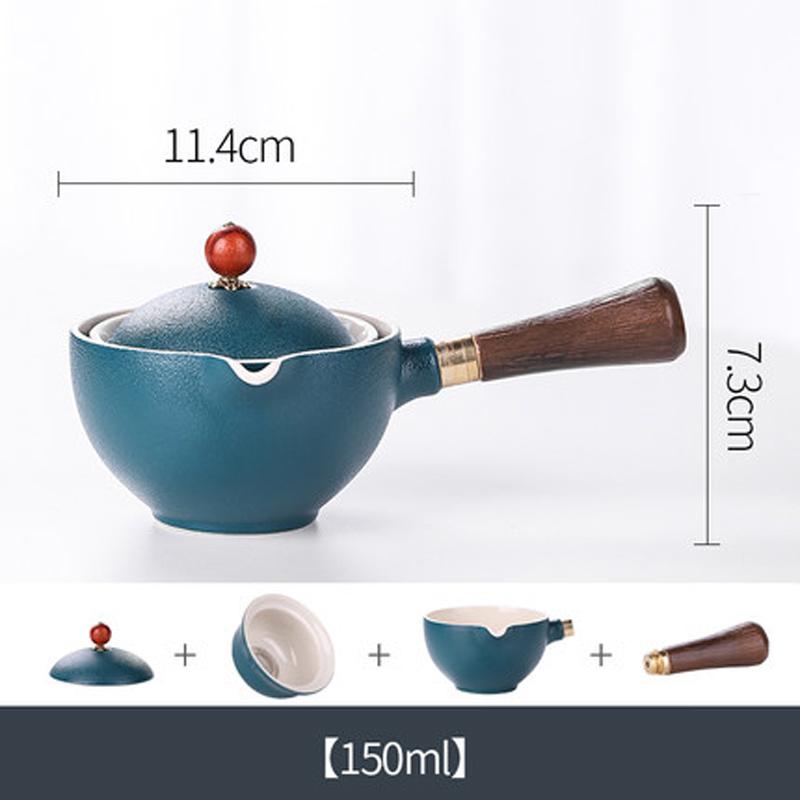 Portable Flower Ceramic Automatic Spinning Kung Fu Teapot with Wooden Handle, Side-handle Tea Pot, Teaware Filter,150ml