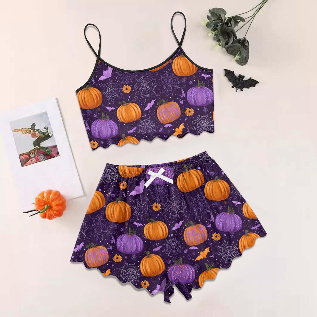 Women's Halloween Set With Retro Floral Print Suspender Sleeveless Vest Shorts Pajama Set