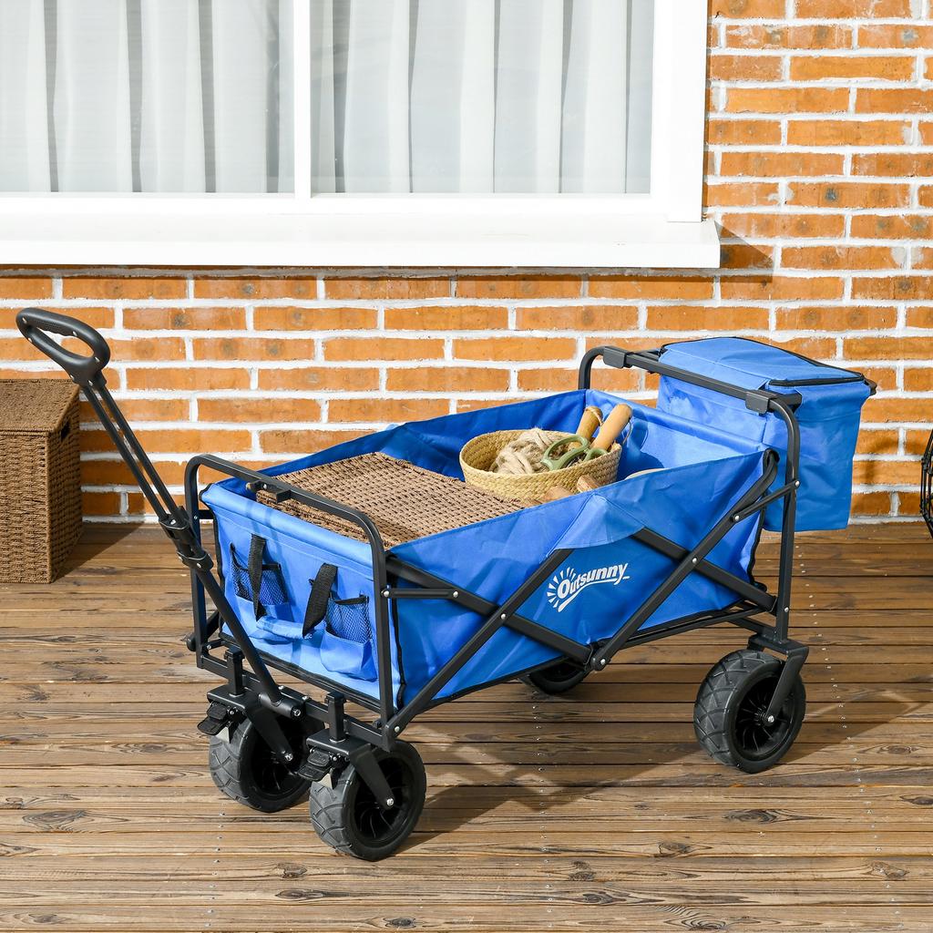 Garden Cart 110L with Telescopic Handle and 15L Thermal Bag in Steel and Fabric, Blue