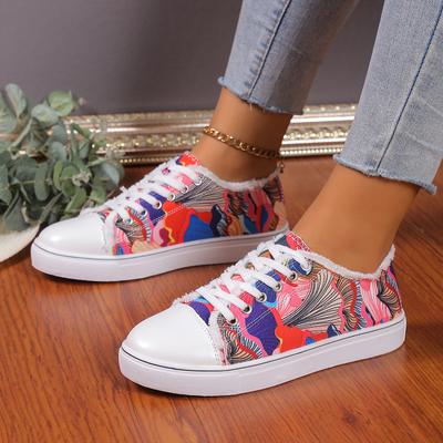 Women's Flower Pattern Vulcanized Shoes Flat Shoes Fashion Lace Up Sneakers Female Casual Shoes Breathable Canvas Shoes