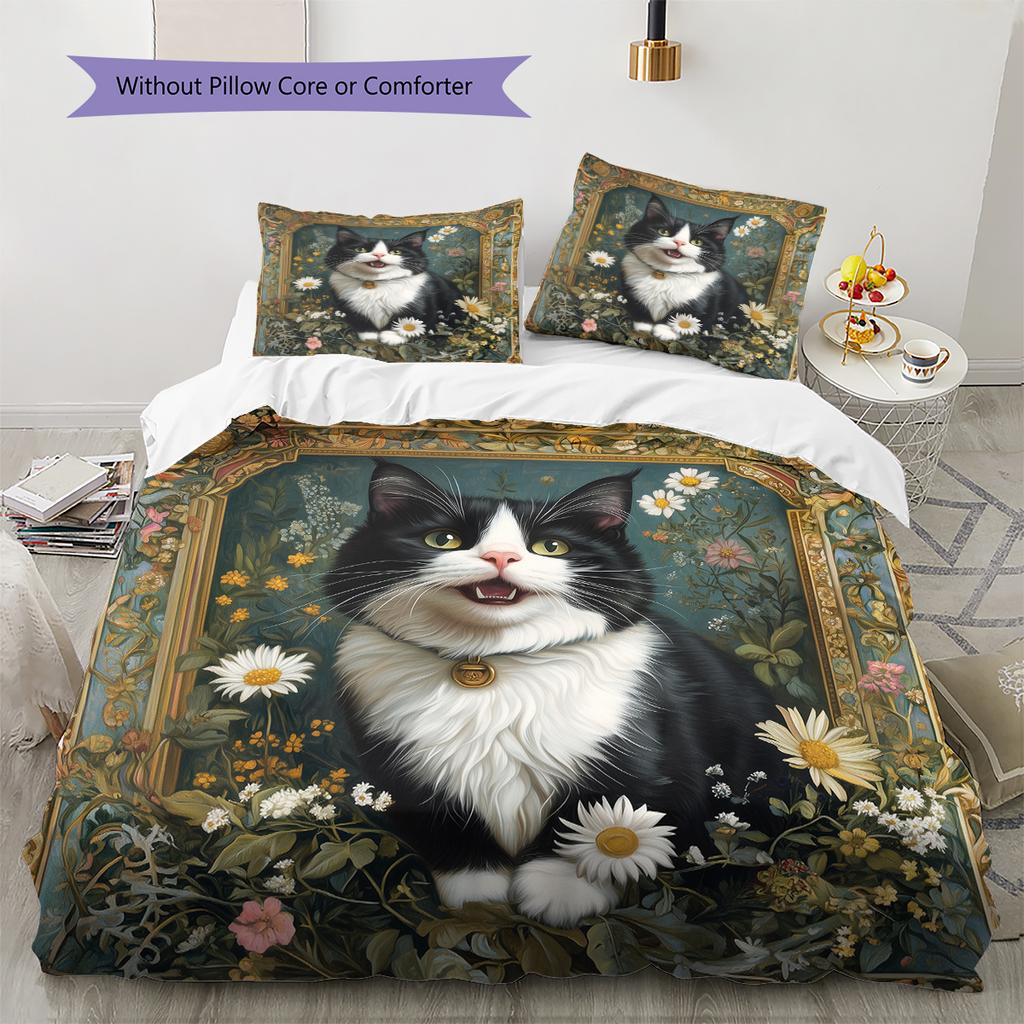 Beautiful Cow Cat Pattern Bedding Home Decoration Birthday Gift (1 * duvet cover + 2 * pillowcase, without core)