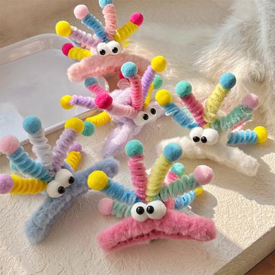 Women Hair Claw Cartoon Shape Strong Grip Shark Hair Clip with Big Eyes Decor Plush Back Head Hair Clamp