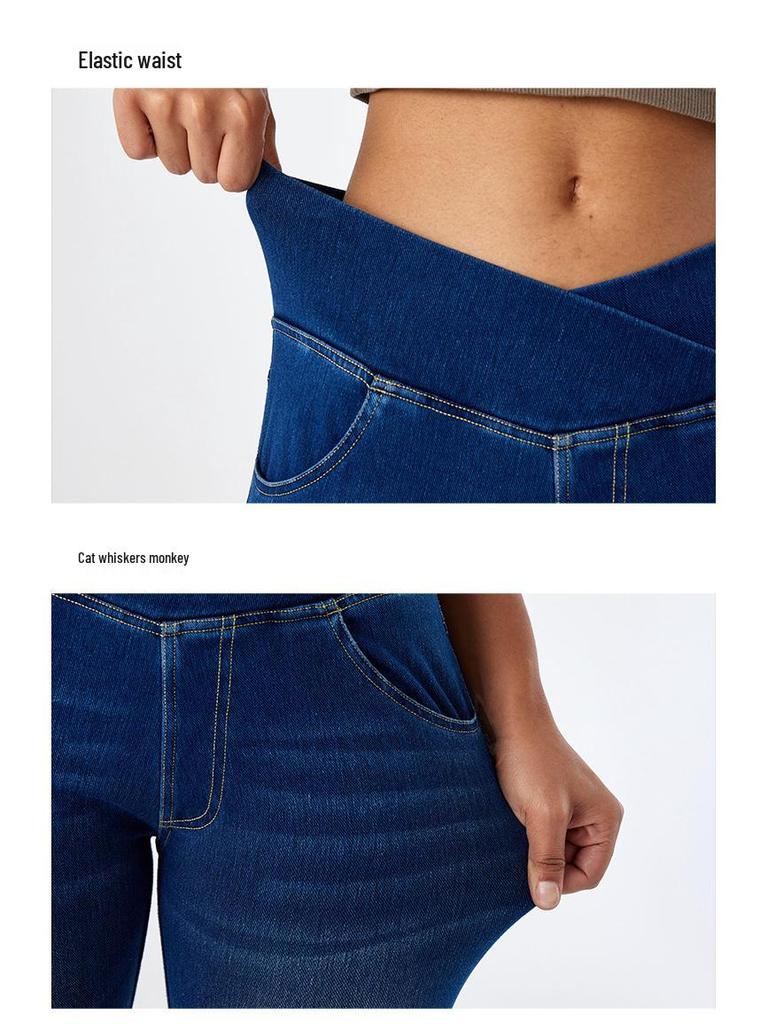 Women's European & American High-Stretch Cross-Waist Skinny Jeans with Pockets, Slimming, Butt-Lifting, Cat Whiskers & Monkey Wash.