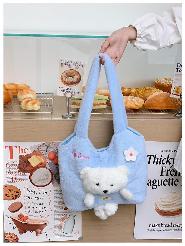 Autumn/Winter Women's Plush Cartoon Tote Bag with Large Capacity