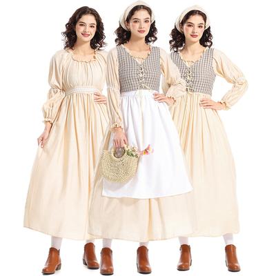 Adult Women Grassland Colony Dress Renaissance Victorian Medieval Dress Gown Apron Halloween Cosplay Costumes Role Play Outfit