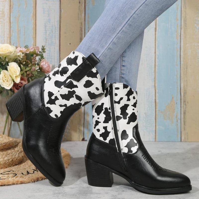 Plus-size cow color matching square heel fashion boots autumn and winter mid-leg women's boots