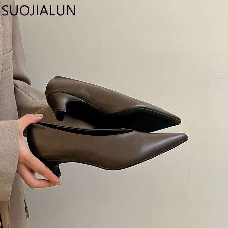 Fashion SUOJIALUN Spring Brand Women Pumps Shoes Fashion Pointed Toe Shallow Slip On Ladies Elegant Boat Shoes Thin Med Heel Single Shoe