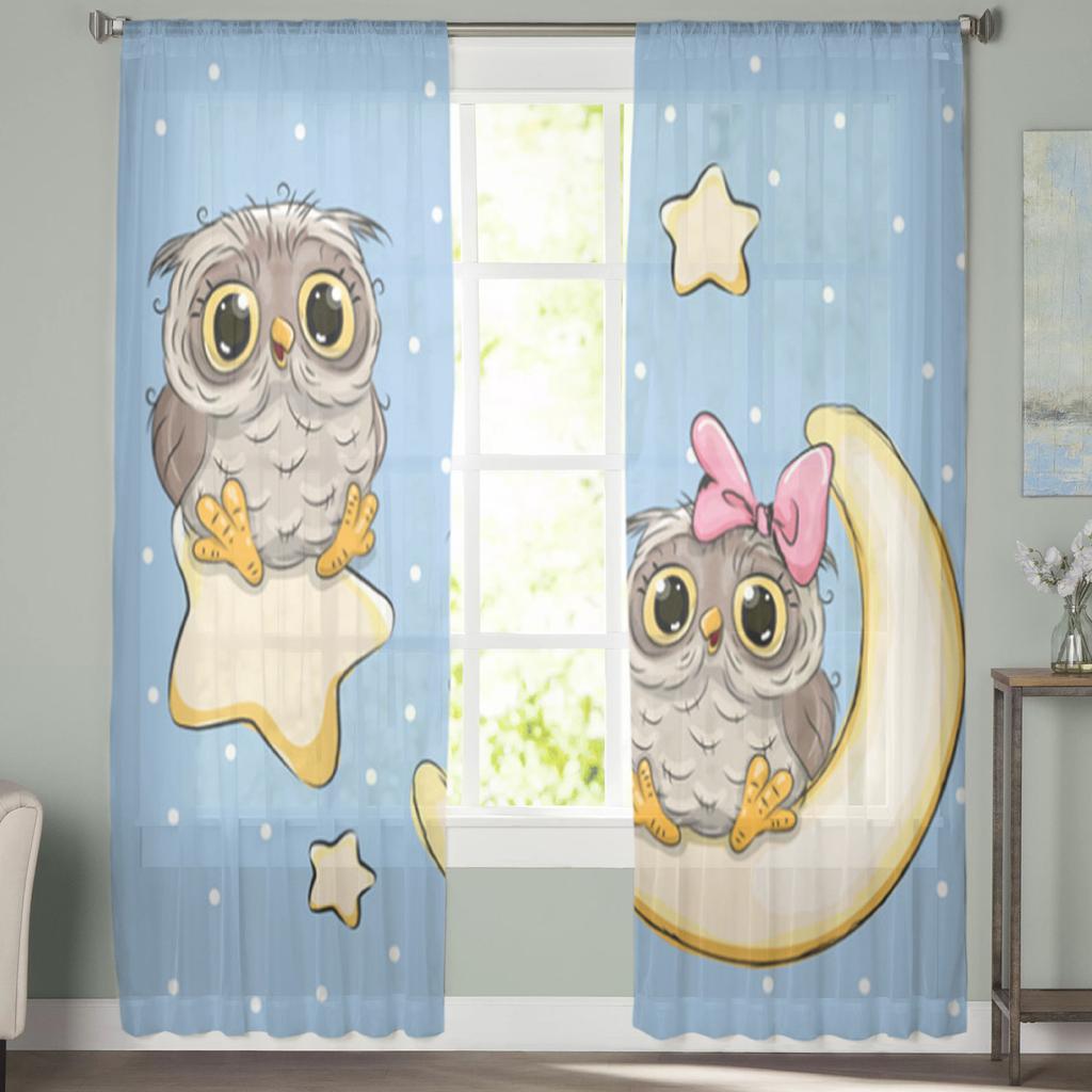 Cute Owl Star Moon Sheer Curtains For Living Room Bedroom Tulle Curtains Kitchen Window Treatments Panel Drapes