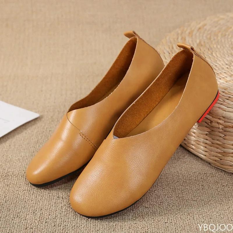 Fashion 2025 Genuine Leather Flat Shoes Woman Hand-sewn Leather Loafers Cowhide Flexible Spring Casual Shoes Women Flats Women Shoes