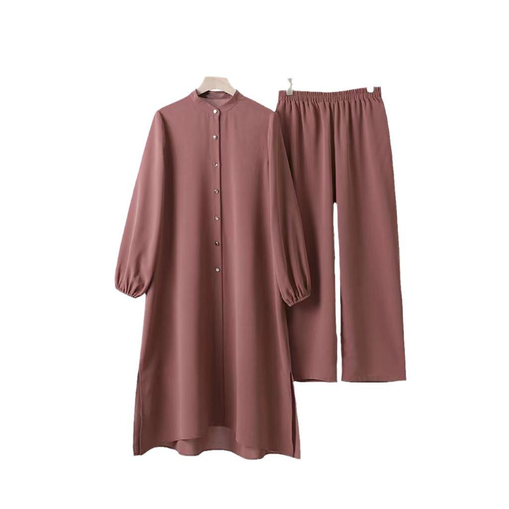 2024 New Middle East Muslim Women's Solid Color Set with Mushroom Button Elastic Sleeves