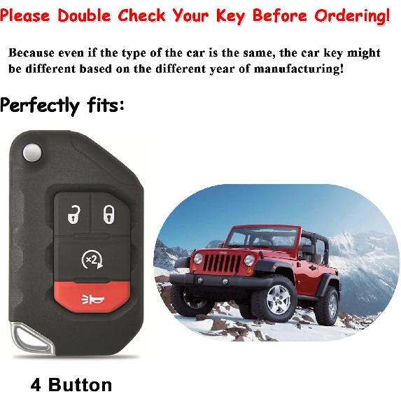 EASYANT Handmade Leather Car Key Fob Cover Compatible with Jeep 2018-2024 Wrangler Gladiator Sahara Rubicon 4 Buttons Black