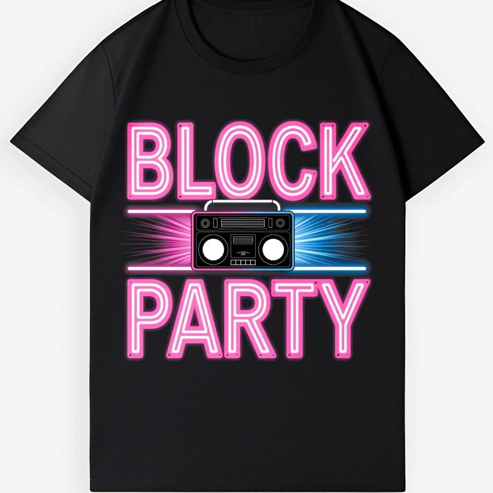 Block Party Neon Boombox Graphic T-Shirt, Retro 80s 90s Hip Hop Party Cotton Tee 4XL