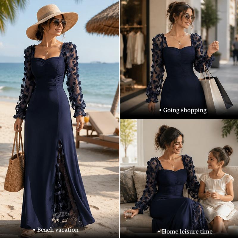 Damen Elegantes Quadratischer Ausschnitt Blasenärmel Langarm Mesh-Einsatz Jacquard Maxikleid 3D Schlankmachend A-Linie Schwingend Langkleid