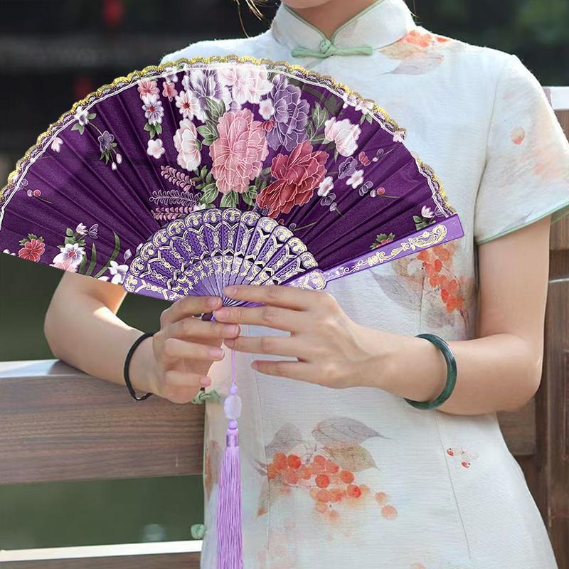 1Pc Flower Pattern Elegant & Luxurious Folding Fan Vintage Dance Fan Fashion Chinese Style Hand Held Stamping Design