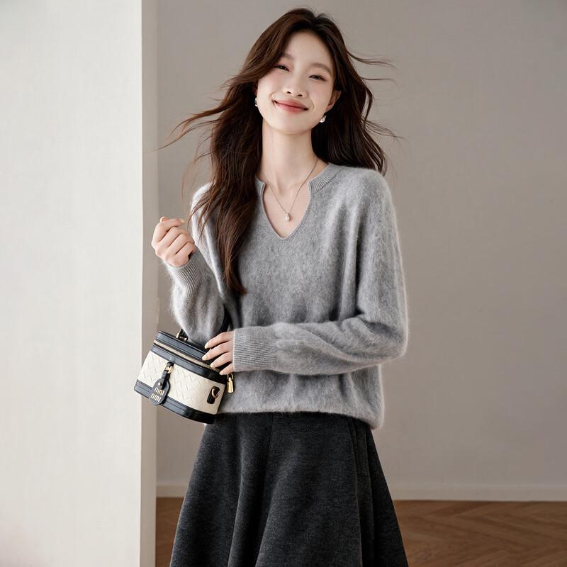 Damen Oversize V-Ausschnitt Kaschmir-Mischung Strickpullover