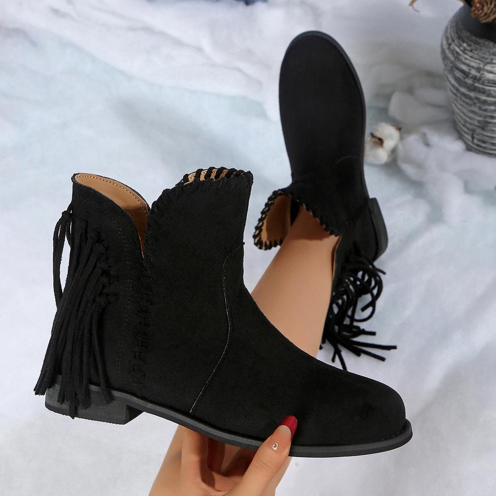 Europäische Damen Wildleder Quaste Chelsea Stiefeletten - Herbst/Winter Runde Spitze Zum Hineinschlüpfen Niedriger Absatz