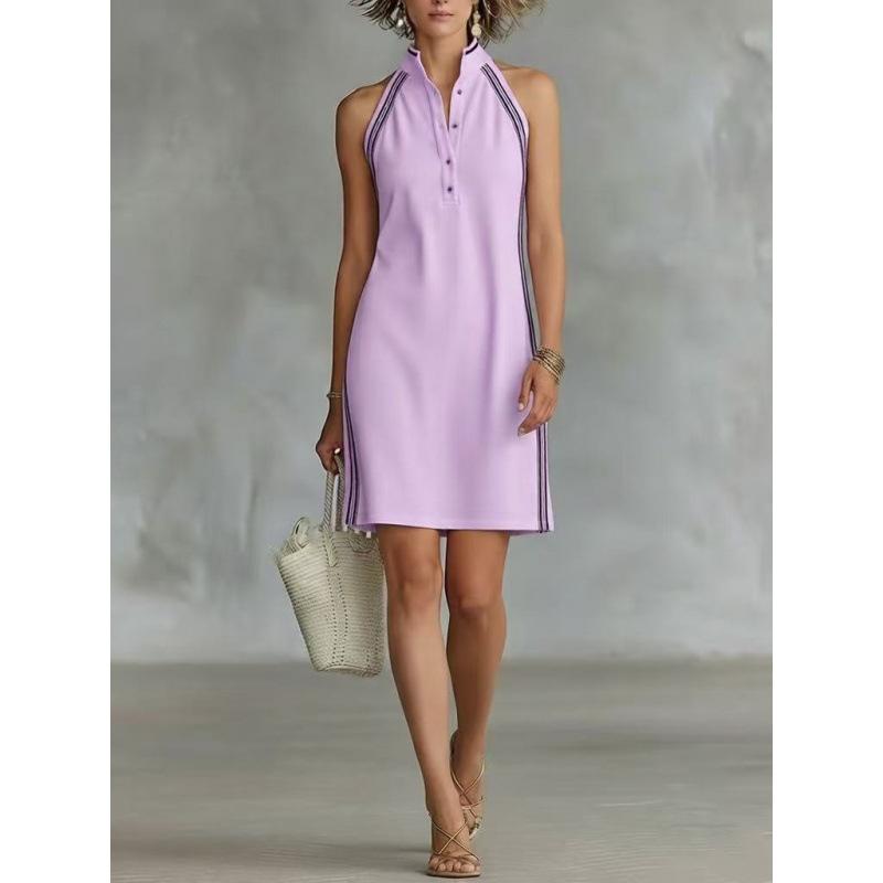 

New European and American, solid color sleeveless button-up collar simple casual short dress 4XL лавандовий