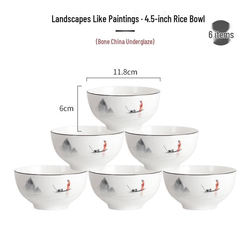 Tangshan Underglaze Ceramic Landscape Ramen Bowl Set