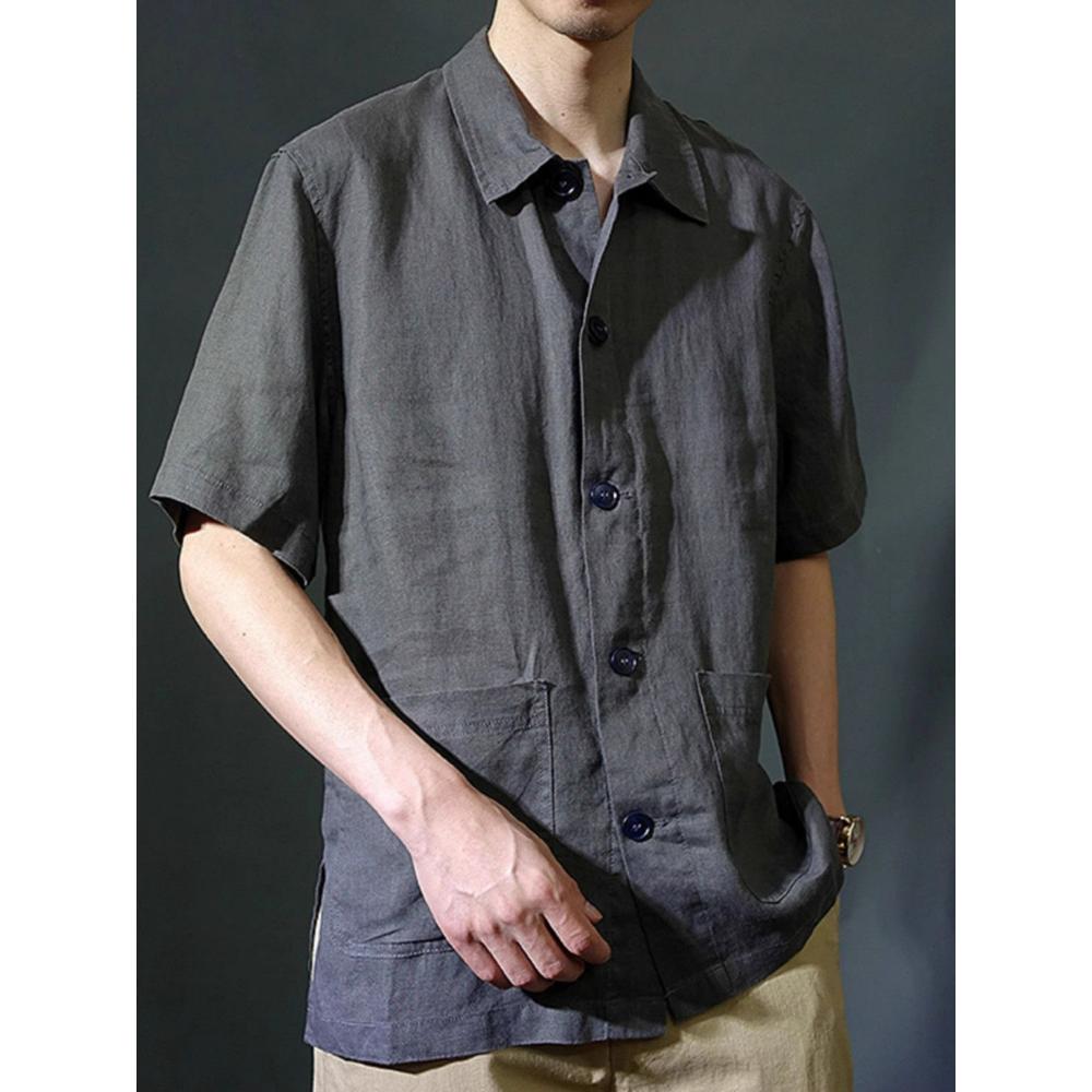 Japanese Thin Breathable Men Short-sleeved Shirt for Summer New Solid Color Lapel Casual Half-sleeved Cardigan