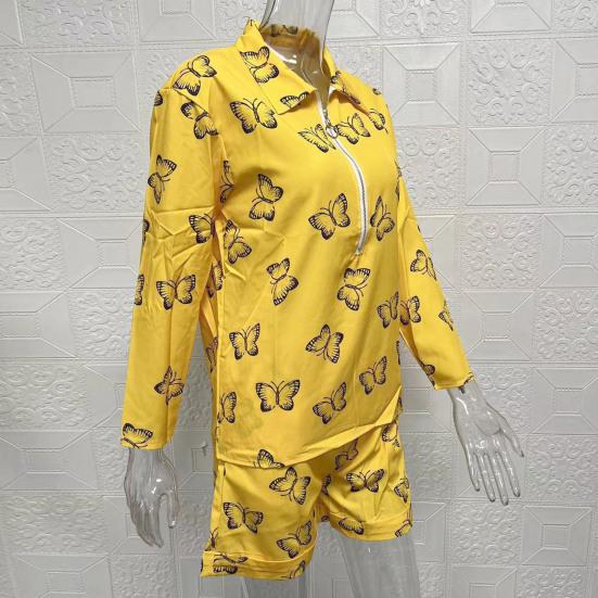 2 Pcs/Set Shirt Shorts Suit Zipper Lapel Loose Printed Long Sleeve Casual Soft Pockets High Waist Lady Top Shorts Set