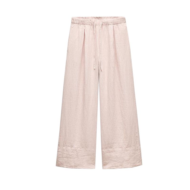 Spring New Lapel Long Sleeves Linen Blended Shirt 4877100 Mid Waist Shoelace Wide Leg Pants 4877101