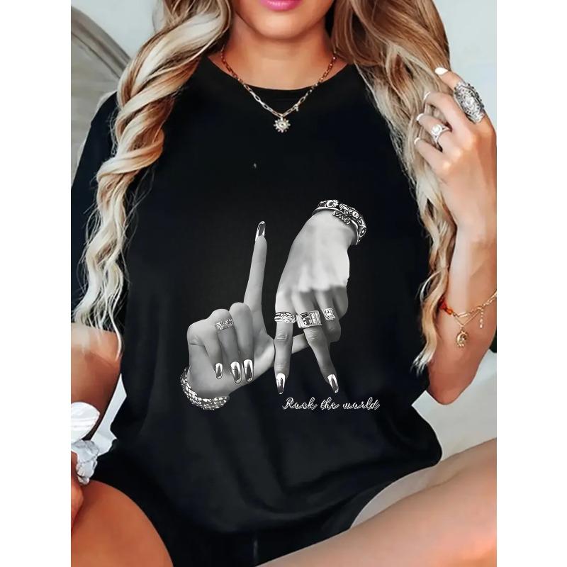 Oversized T-Shirt Black Hands With Rings And Long Nails Rock The World Print Casual Streetwear For Women
