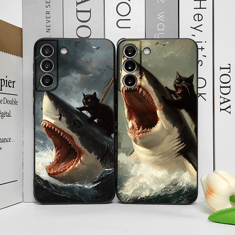 Funny Abstract Shark Black Cat Phone Case for Samsung Galaxy S24+ S25 S23 Ultra S22 Plus S21FE M53 M34 M55 5G Frosted Soft Cover