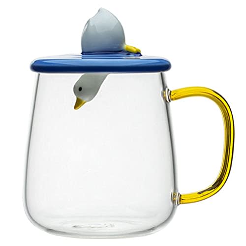 400ml Heat-resistant Glass Mug with Blue Wave-patterned Lid (with Diving Duck Decorative Handle) and Blue Lid Holder