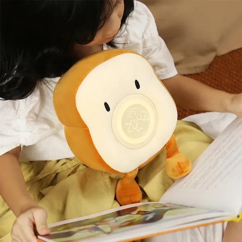 Bedroom Digital LED Clock Lamp Ipad Stand Cartoon Plush Toast Desktop Electronic Clock with Vibration Function Decoration Gift