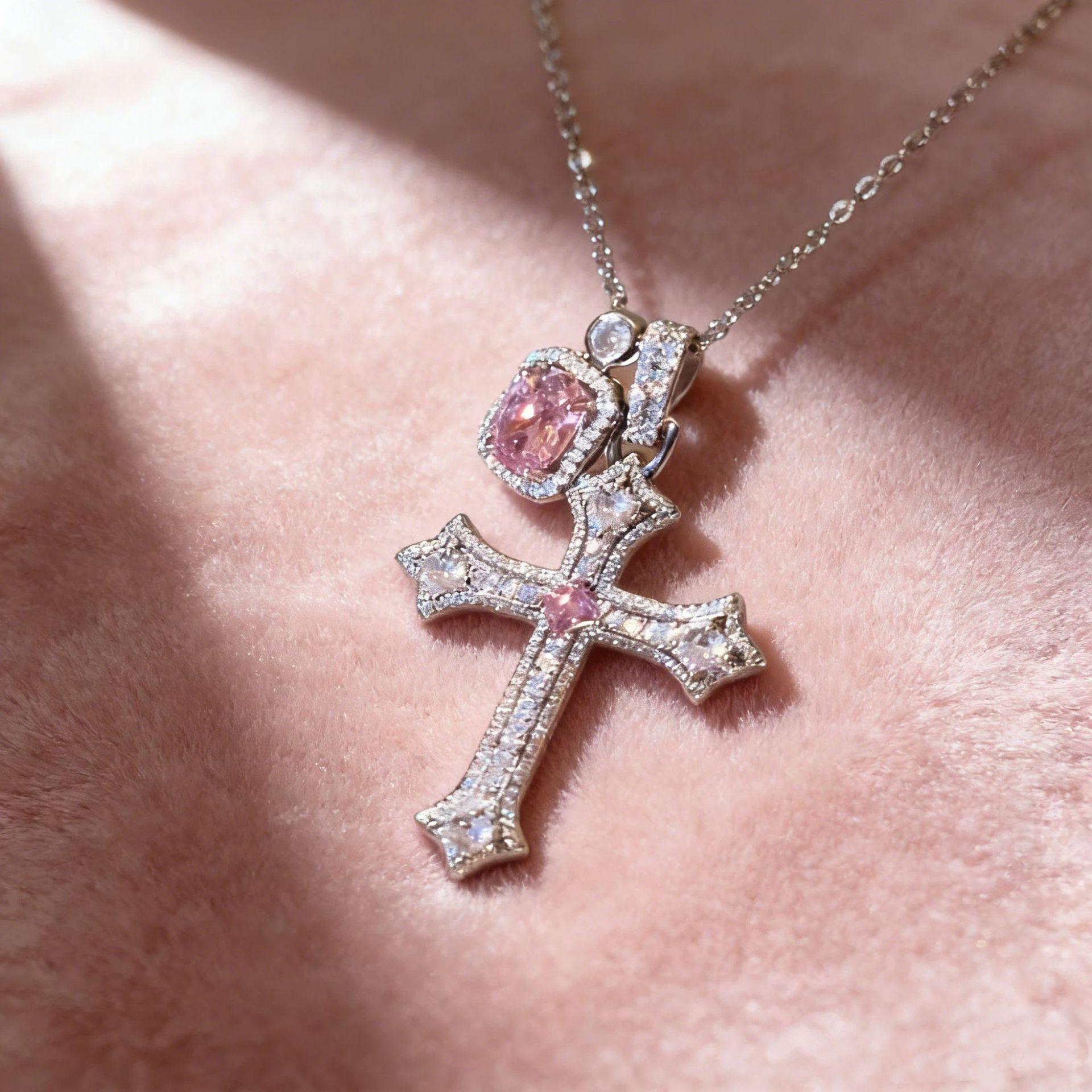 Pink Stone Cross Pendant Necklace with Accent Charm Silver Tone Sparkly Gothic Style Necklace for Women