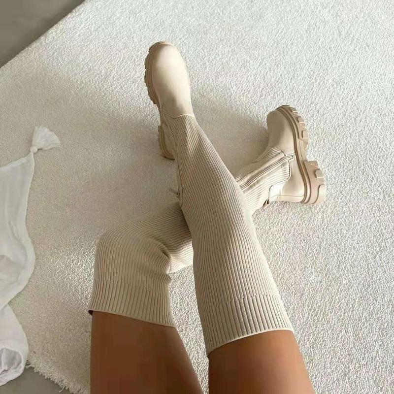 Autumn and winter thick-soled over-knee boots women's elastic fly-woven wool high boots round-head breathable single shoes