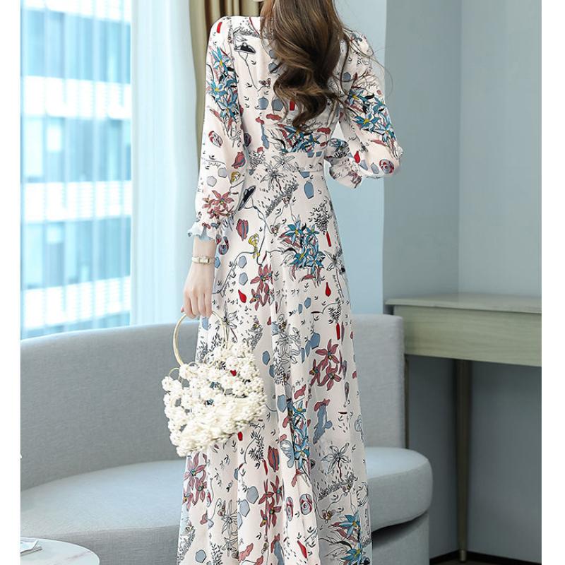 Elegant Floral Print Chiffon Dress Women's Spring Summer French Style V-neck Knee-length Fashionable Empire Waist Dresses