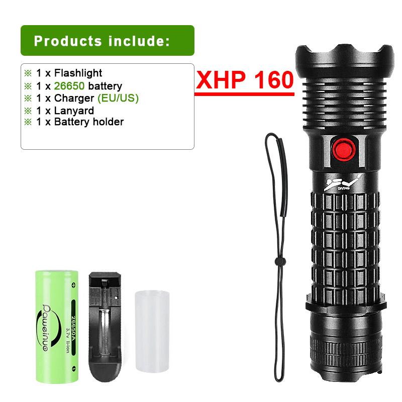 Profesjonell Spearfishing Jakt Scuba XHP160LED dykkerlys 9900LM dykkerlommelykt 18650 26650 fakkel undervannslommelykt