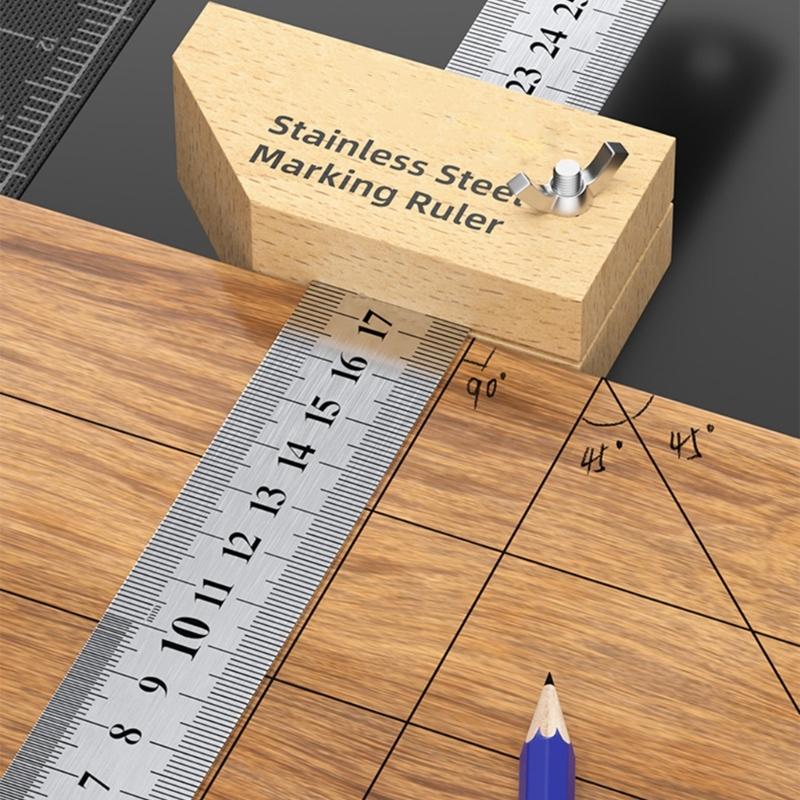 Multiple Use Double Unit Carpentry Ruler Stainless Steel Edges and Adjustable Beechwood Guide Block for Precisions Woodworking