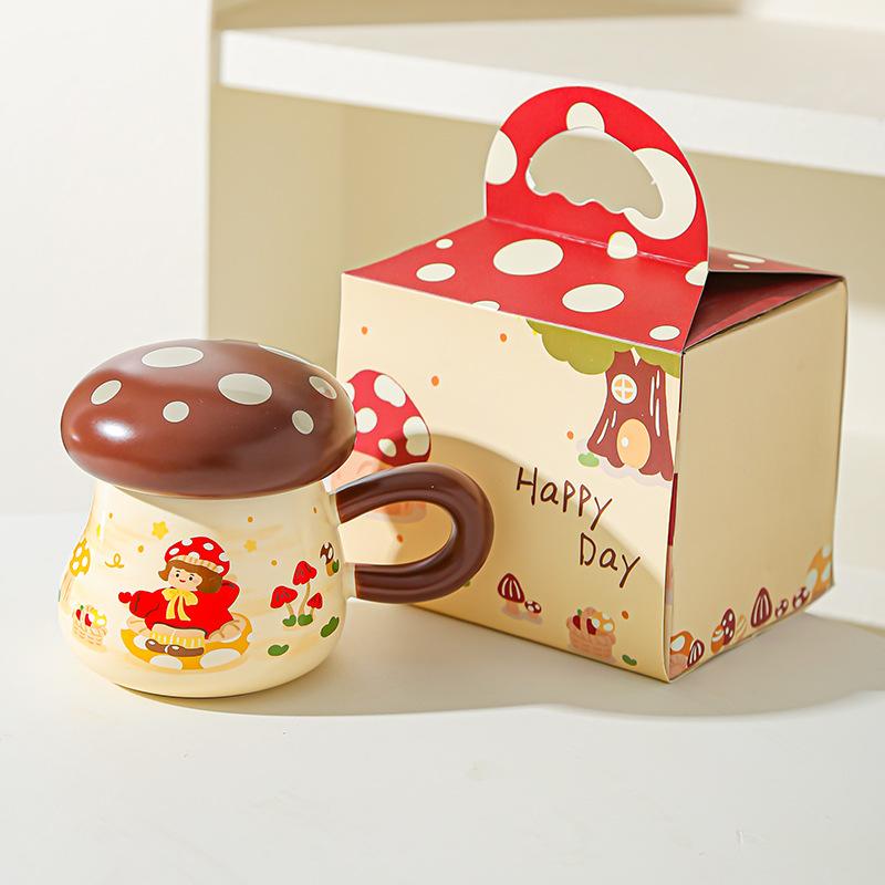 Hrnček Houbičková dívka Vysoce hodnotný suvenýrový dárek Roztomilý kreslený keramický hrnek s víčkem Velkokapacitní hrnek na pití